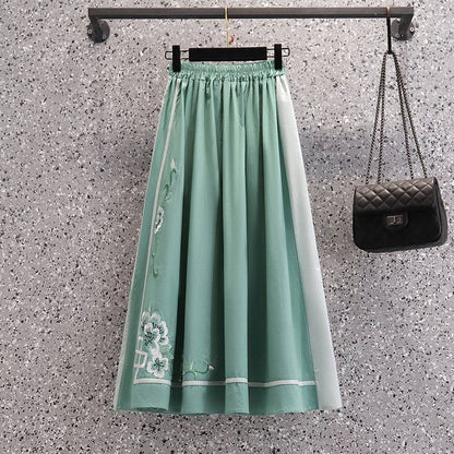 Green Blossom Print Vintage Top Skirt Set - Emerald Green