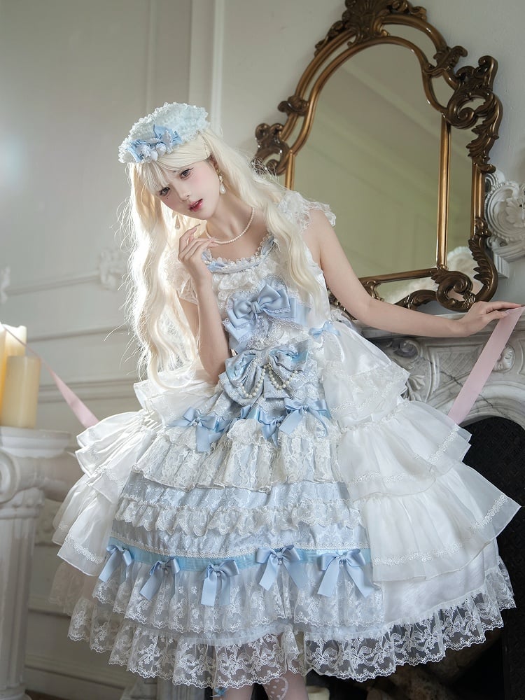 Dress Bows Lolita Full Skirt Blue White Decoration JSK Set Tiered and Hime Hanayome