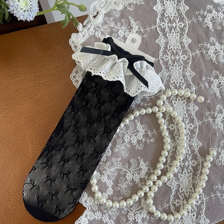Black/White/Apricot Lace Socks Hollow-out Trim Bowknot Details