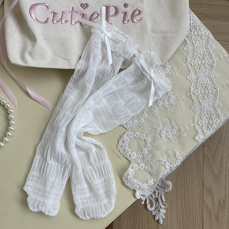 White/Black Socks Tulle Lace Ruffled Details Bowknot
