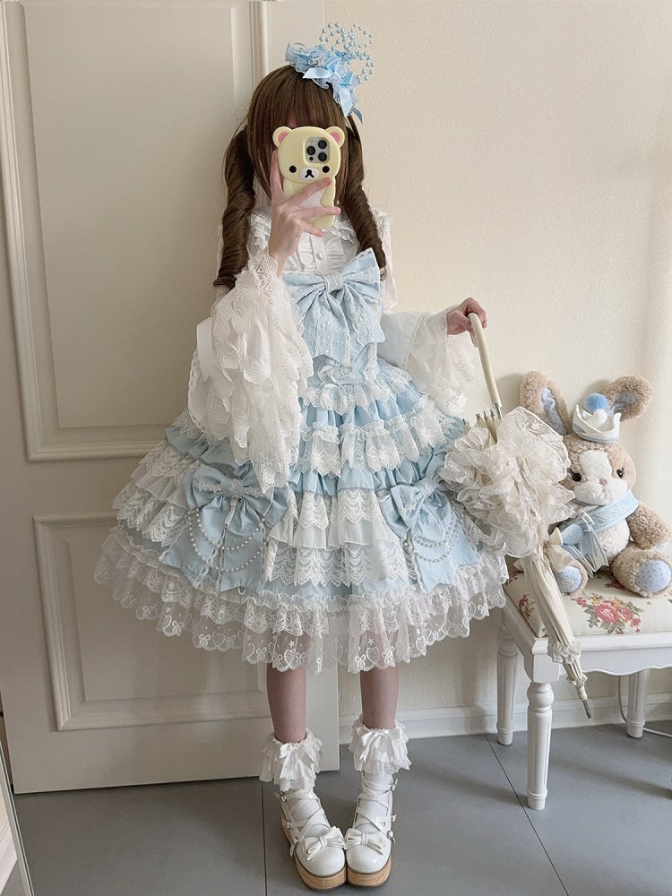 Tiered Big Dress Lolita Decoration Skirt Hanayome Blue Bows