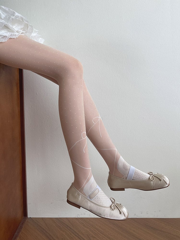 Bowknot Print Lolita Polka-dot Pattern White Tights