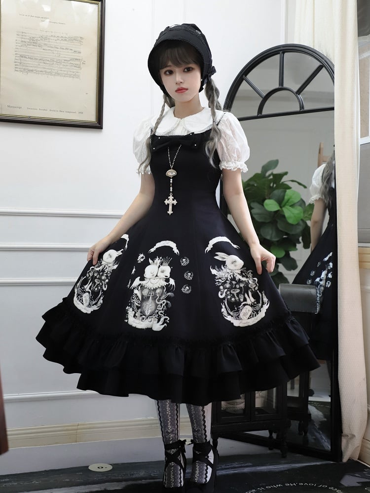 Gothic Bunny Dark Black Slim Print Fit Lolita Dress Waist