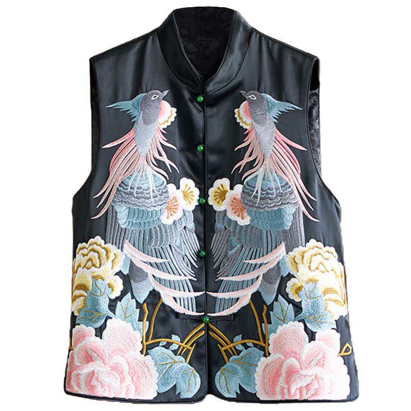 Floral Embroidery Buckle Sleeveless Satin Vest - Black / M