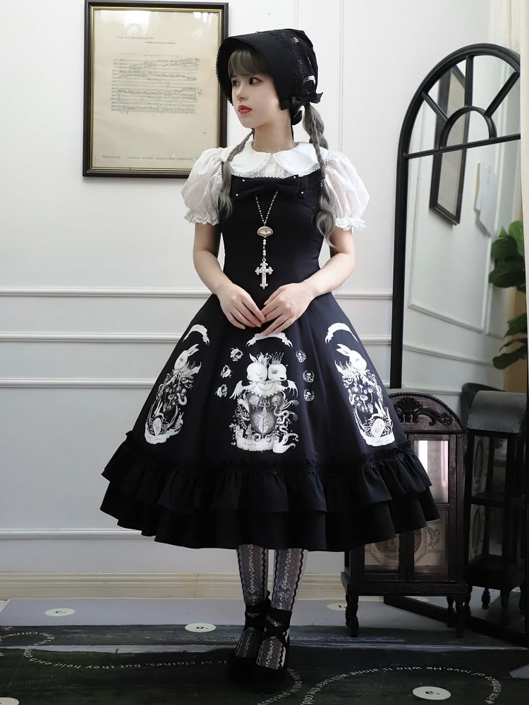 Gothic Bunny Dark Black Slim Print Fit Lolita Dress Waist