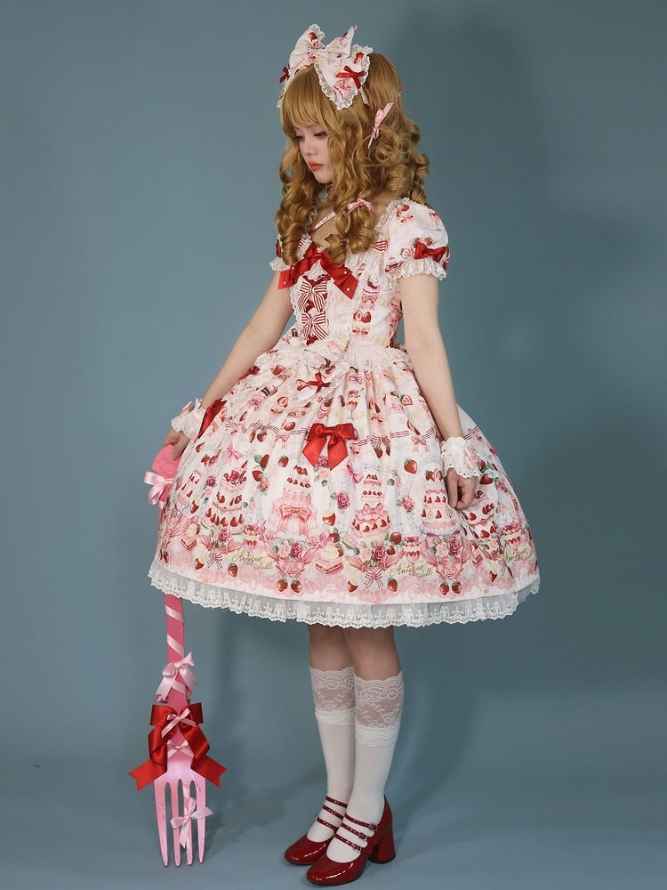 Sweet Cake White / Print Bow Accents Lolita Strawberry Set Full Dress