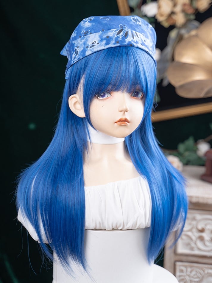 Straight Length 63CM Blue Full Wig With Bangs