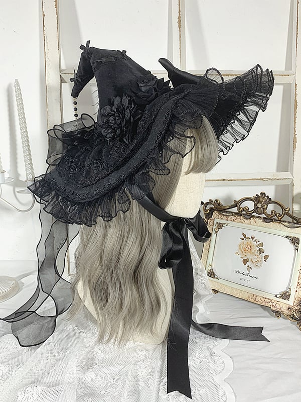 Cross Chain Black Halloween Witch Hat - Black / Free Size