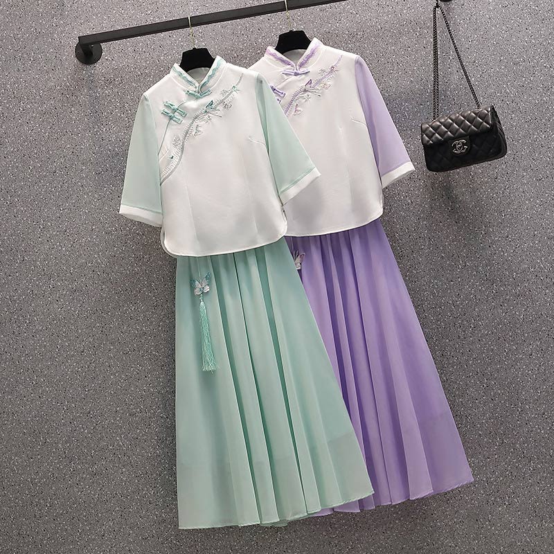 Floral Stand Collar Button Slim Vintage Top Skirt Set