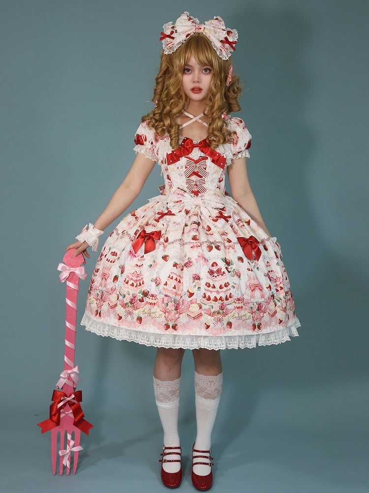 Sweet Cake White / Print Bow Accents Lolita Strawberry Set Full Dress