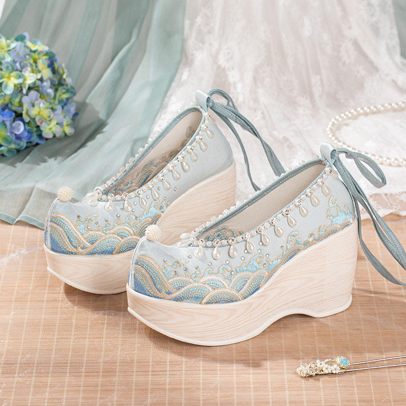 Vintage Wave Print Pearl Platform High Heels Shoes - Blue