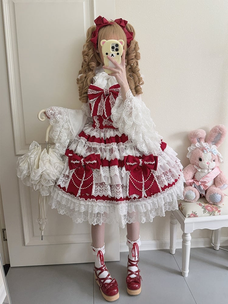 Tiered Lolita Big Red Decoration Dress Bows Hanayome Skirt