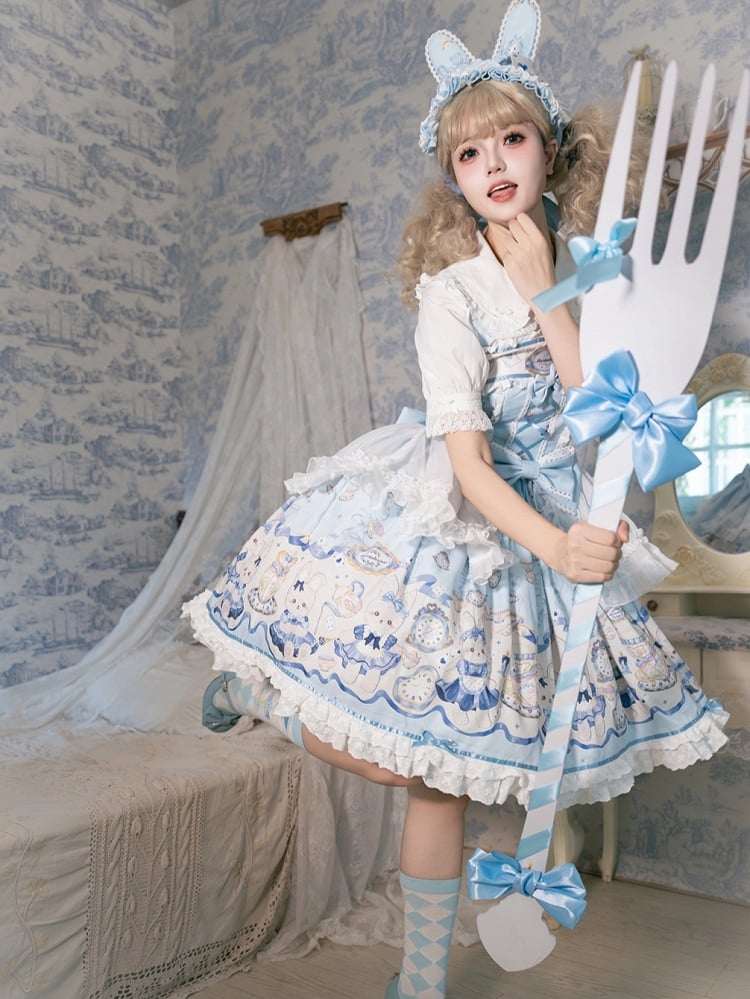 Sweet Alice Lolita Bunny and Print Clock Dress Blue
