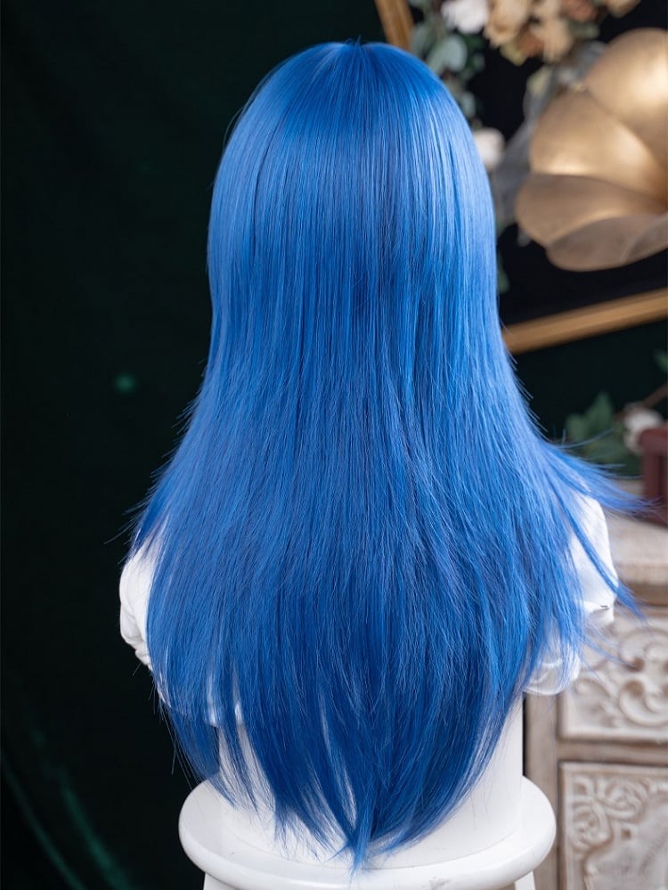 Straight Length 63CM Blue Full Wig With Bangs