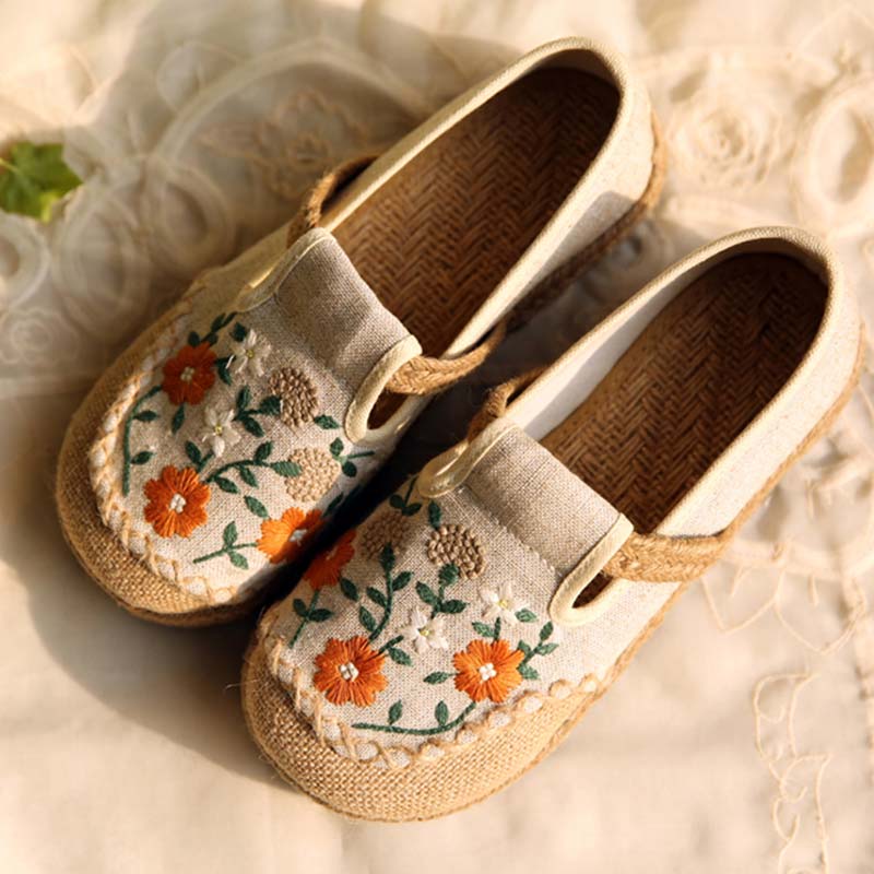 Vintage Floral Canvas Flats Shoes - Linen / 35