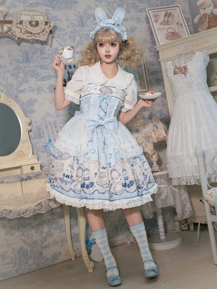 Sweet Alice Lolita Bunny and Print Clock Dress Blue