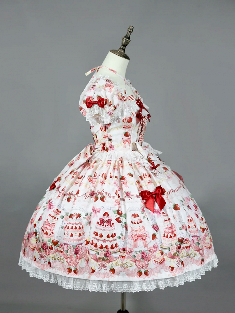 Sweet Cake White / Print Bow Accents Lolita Strawberry Set Full Dress