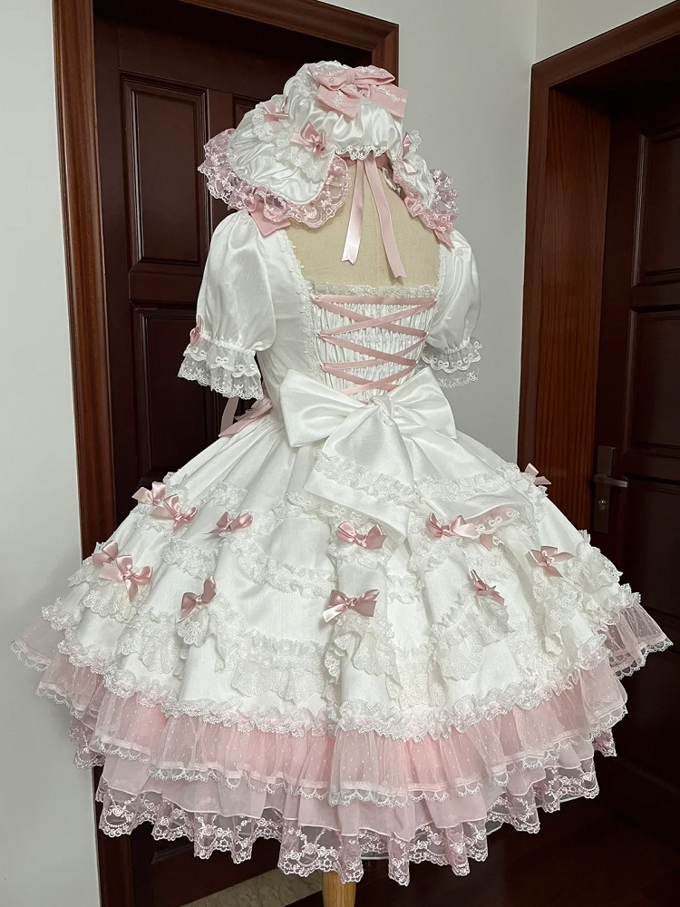 with Detachable Sleeves Sweet Sakura Accents White High Bow Princess Waist Pink Dress Lolita
