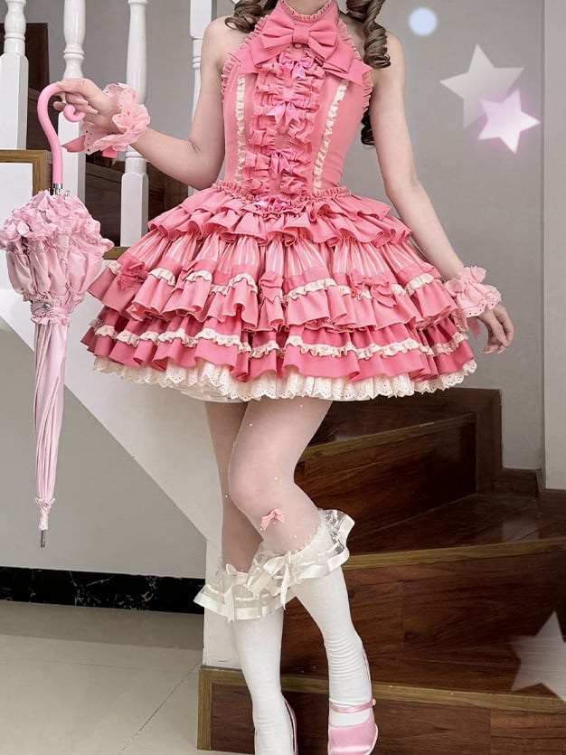 Halter Lolita Dress Sweet Idol Rose Accents Bow Ruffle Skirt Tiered Neck Pink