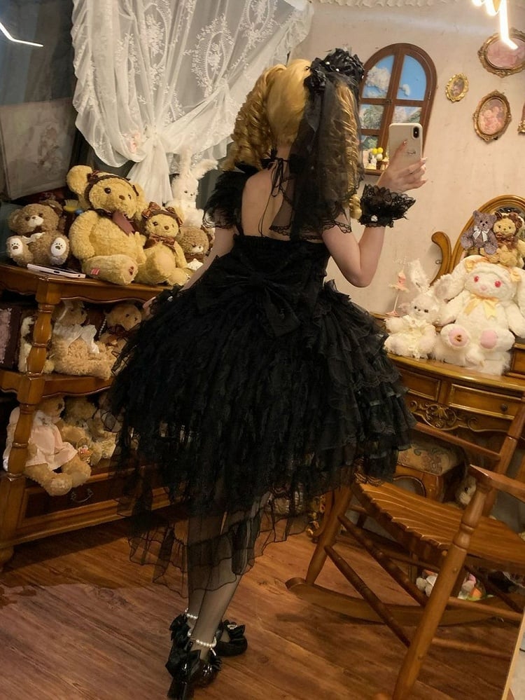 Black All Lolita Skirt Dress Hime Butterfly Fabric Hanayome Tiered Bodice