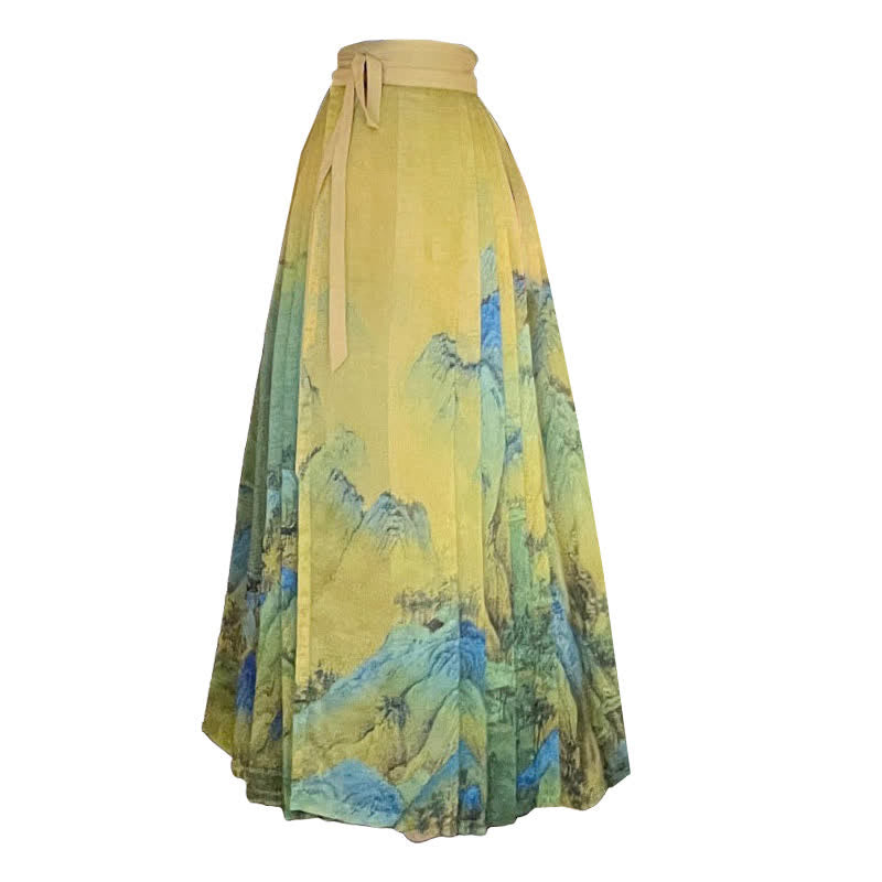 Vintage Buckle Shirt Mountain Print Pleated Skirt - Skirt