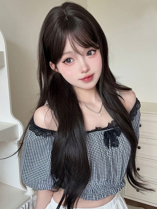 73CM With Wig Length Bangs Black Curtain Tea Wavy