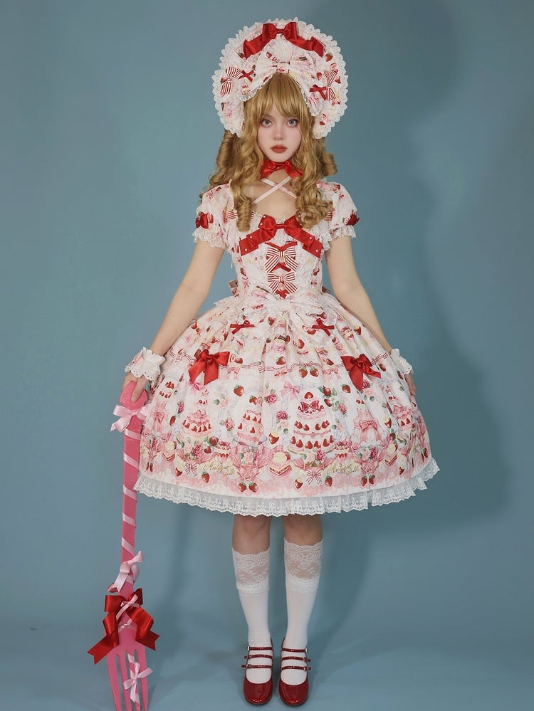 Sweet Cake White / Print Bow Accents Lolita Strawberry Set Full Dress