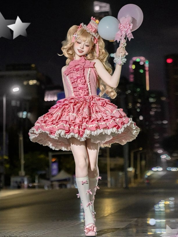 Halter Lolita Dress Sweet Idol Rose Accents Bow Ruffle Skirt Tiered Neck Pink
