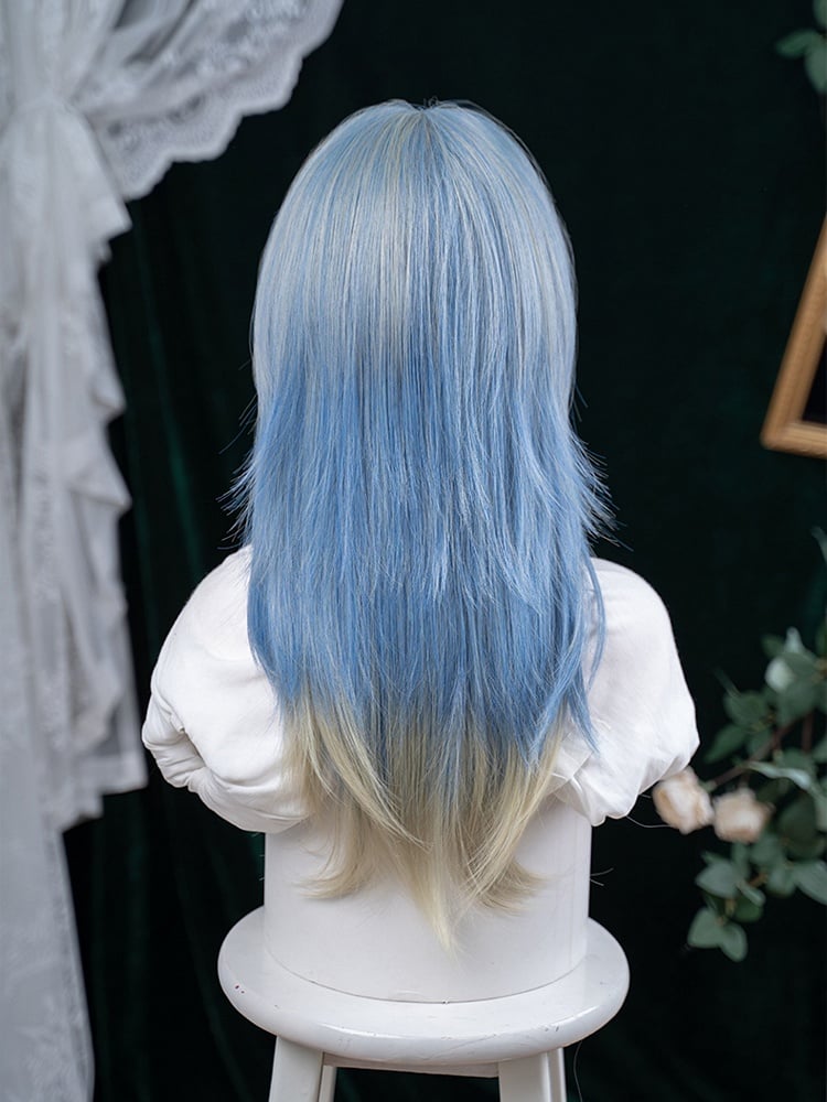 Wig Hime With Ombre Blue Length Cut Straight Hair 65CM Air Color Bangs
