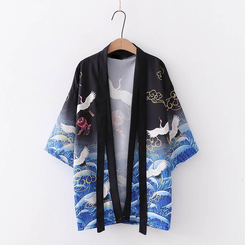 Crane Print Belted Kimono Outerwear Sun Protective - Black