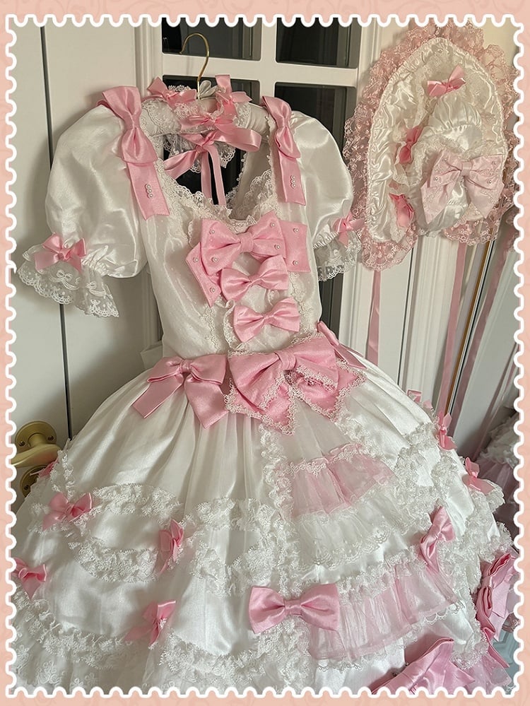 with Pink White Sweet Dress High Waist Lolita Bow Accents Detachable Sleeves Princess