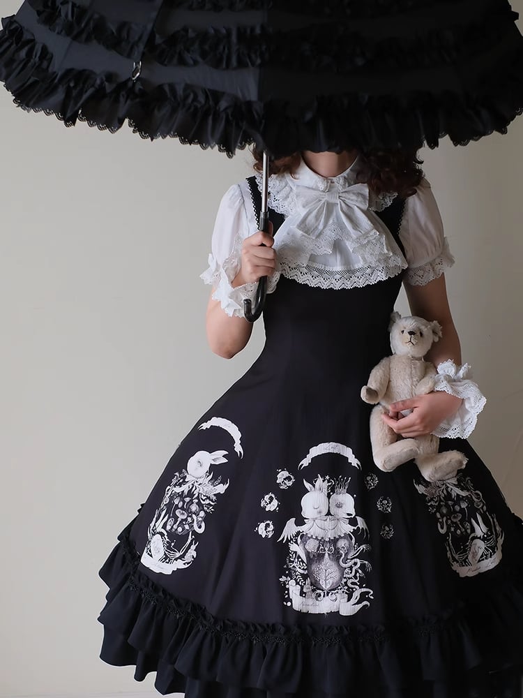 Gothic Bunny Dark Black Slim Print Fit Lolita Dress Waist