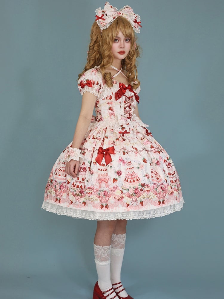 Sweet Cake White / Print Bow Accents Lolita Strawberry Set Full Dress