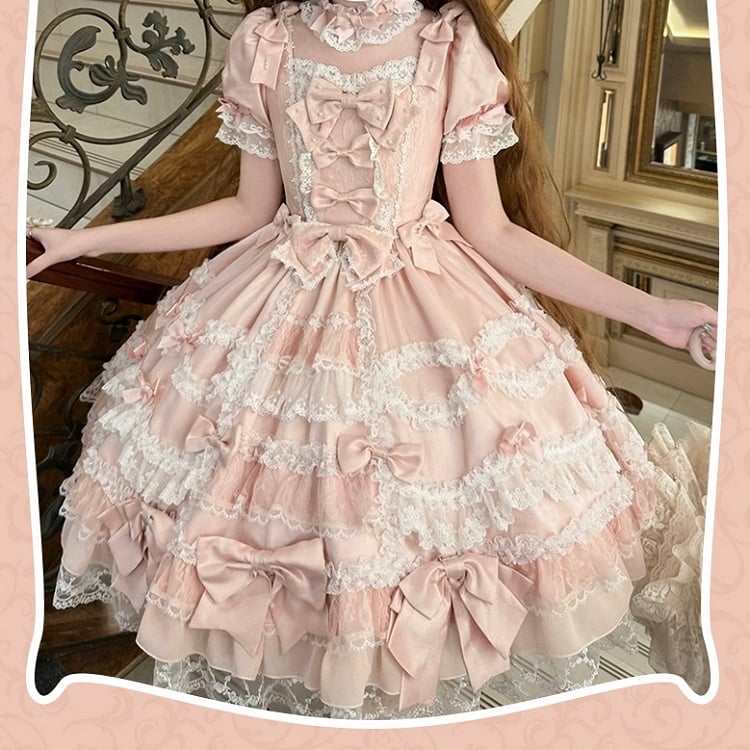 Princess Bow High Lolita Sleeves Sweet Accents Waist with Pink Dress Detachable