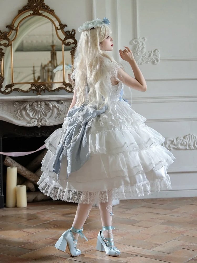 Dress Bows Lolita Full Skirt Blue White Decoration JSK Set Tiered and Hime Hanayome