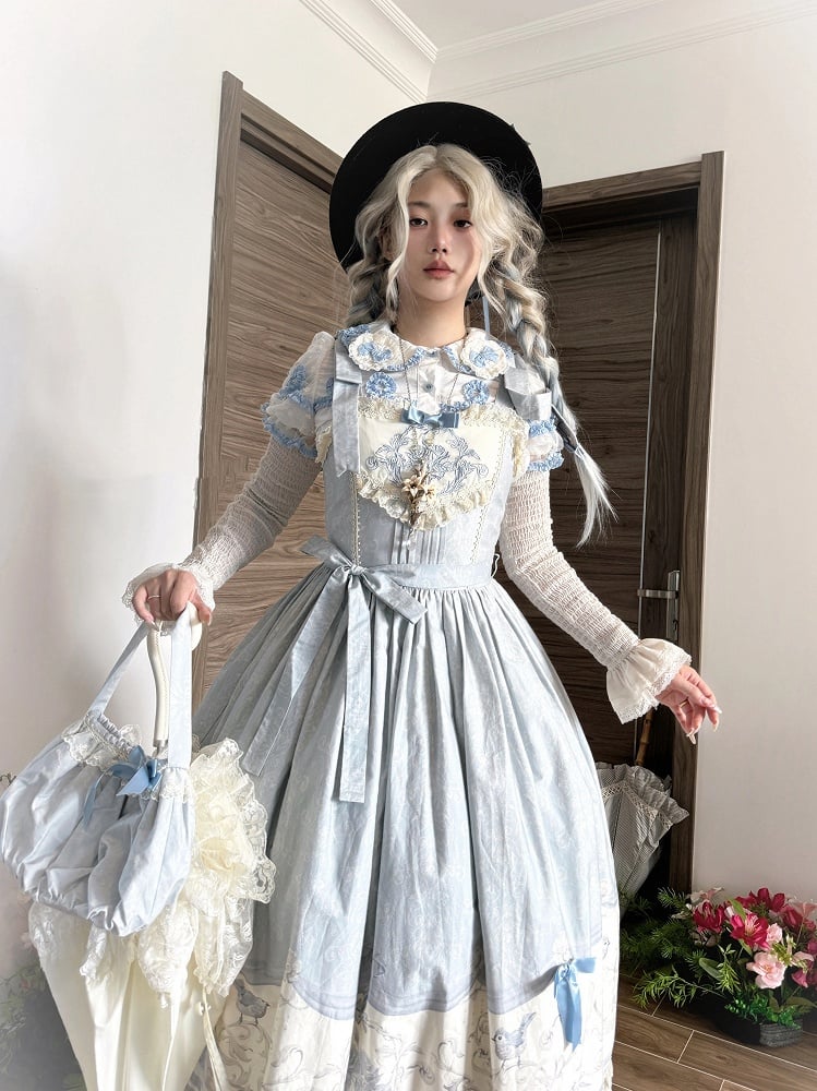 Floral Lolita Blue and Titmouse Print Skirt Jumper