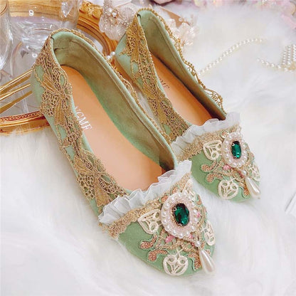 Vintage Lace Pearl Rhinestone Flat Shoes