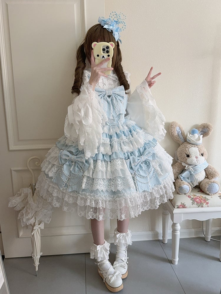 Tiered Big Dress Lolita Decoration Skirt Hanayome Blue Bows