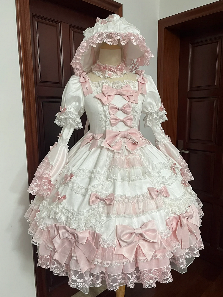 with Detachable Sleeves Sweet Sakura Accents White High Bow Princess Waist Pink Dress Lolita