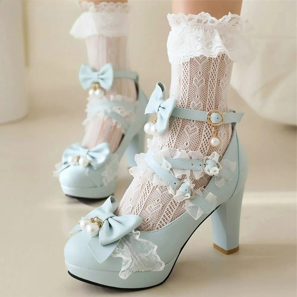 - Head Lolita 33-43 Bow Heels Pearl Round Lace Shoes
