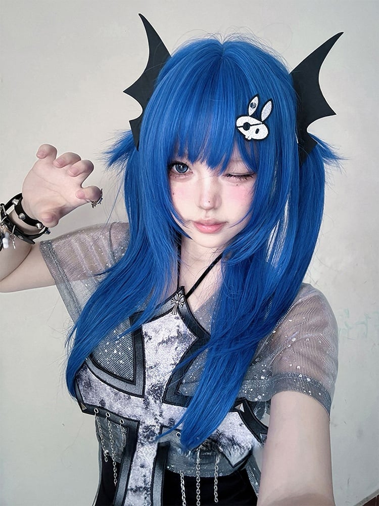 Straight Length 63CM Blue Full Wig With Bangs