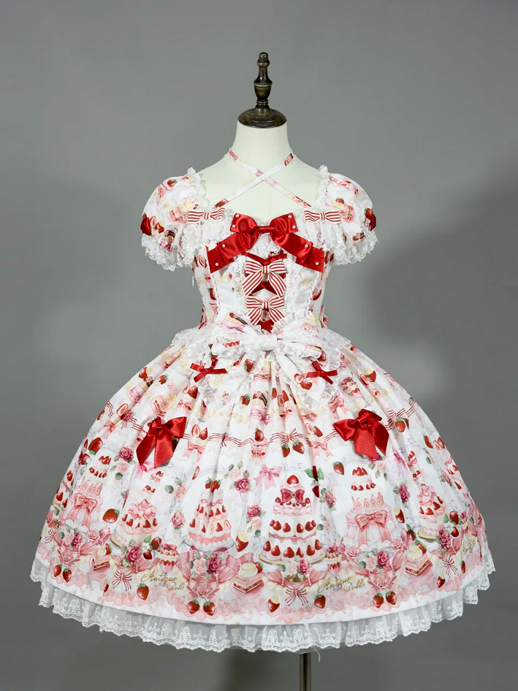 Sweet Cake White / Print Bow Accents Lolita Strawberry Set Full Dress