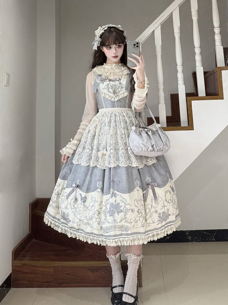Lolita Floral Jumper Titmouse Print and Gray Skirt