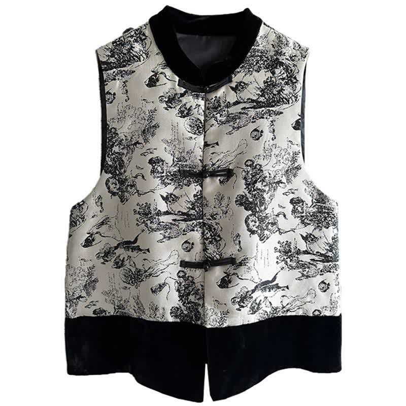 Vintage Floral Print Buckle Long Sleeve Shirt Vest - Vest