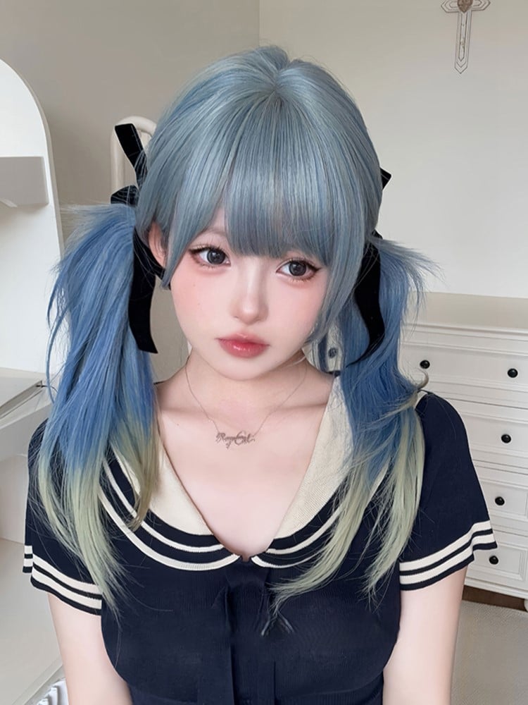 Wig Hime With Ombre Blue Length Cut Straight Hair 65CM Air Color Bangs