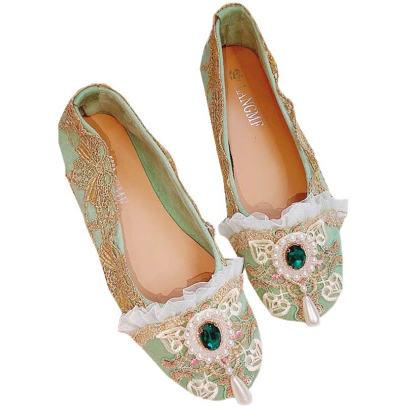 Vintage Lace Pearl Rhinestone Flat Shoes