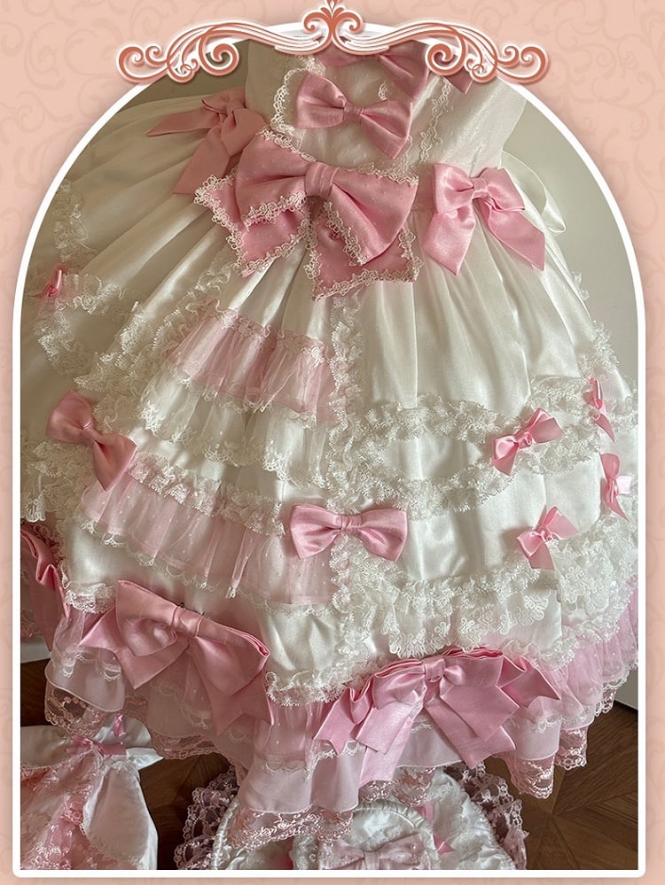 with Pink White Sweet Dress High Waist Lolita Bow Accents Detachable Sleeves Princess