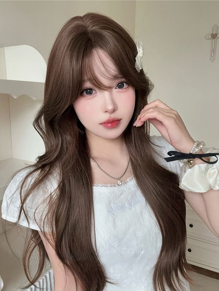 Bangs Length 71CM Air Brown Wig With Wavy