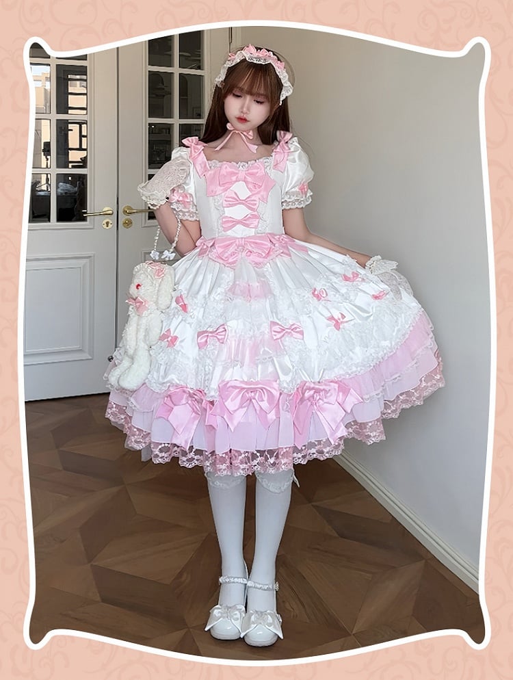 with Pink White Sweet Dress High Waist Lolita Bow Accents Detachable Sleeves Princess