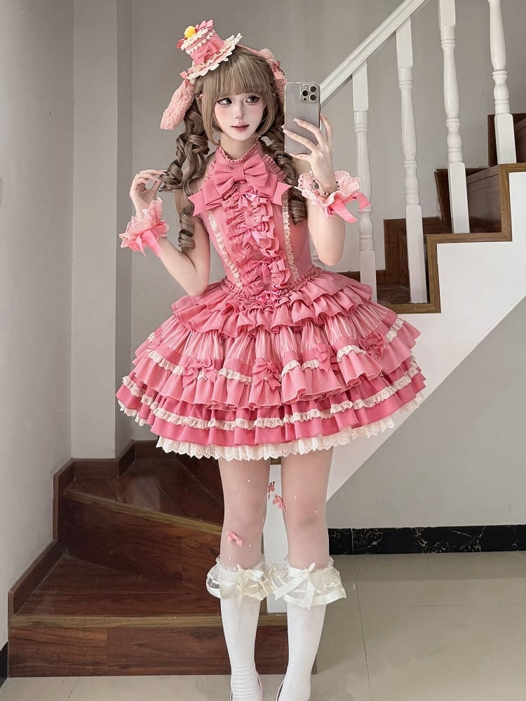 Halter Lolita Dress Sweet Idol Rose Accents Bow Ruffle Skirt Tiered Neck Pink